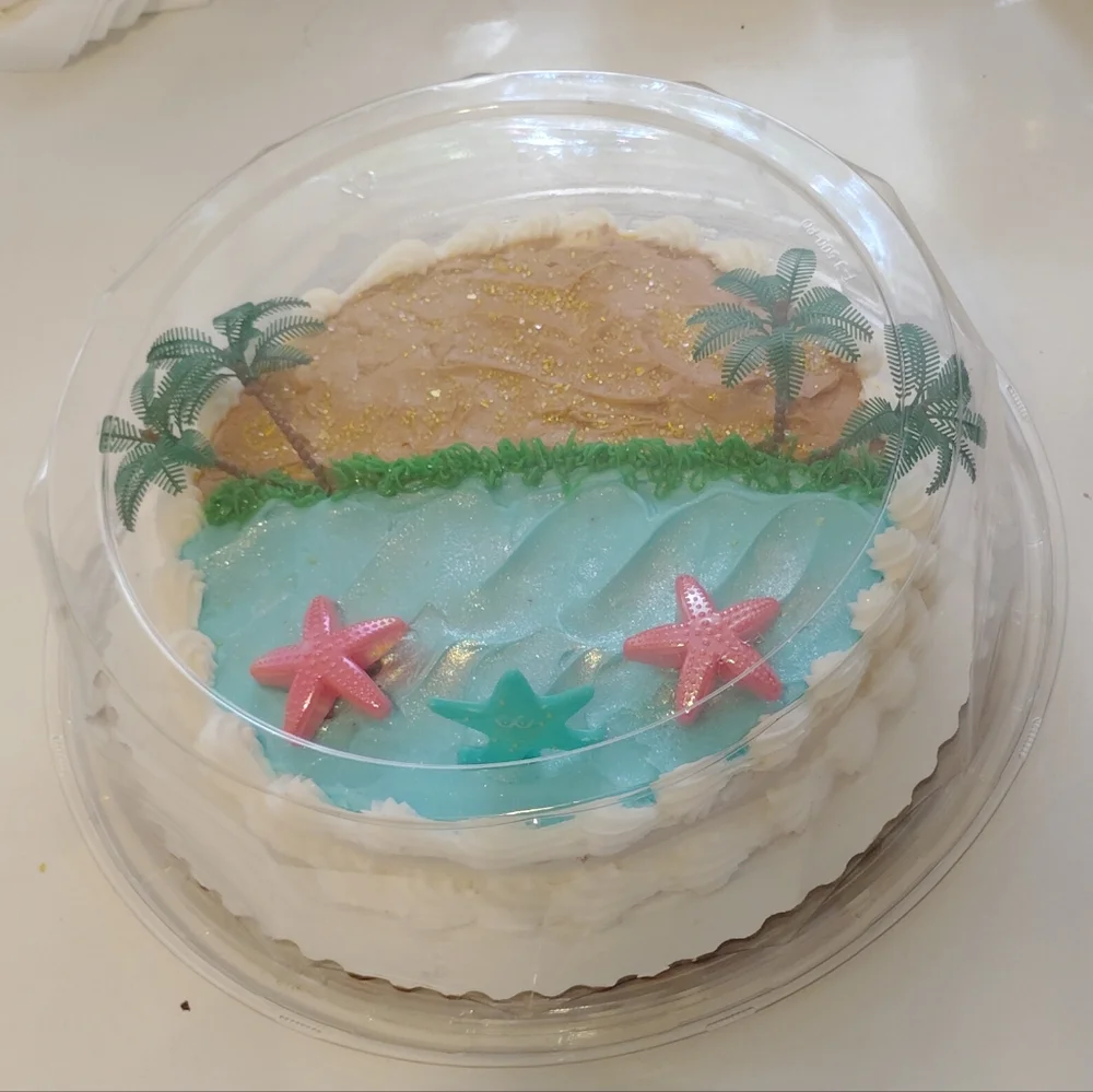 🆕Beach Theme Cake Topper Set with🩷Pink Starfishs &🌴Palm Trees, plus Carrier.